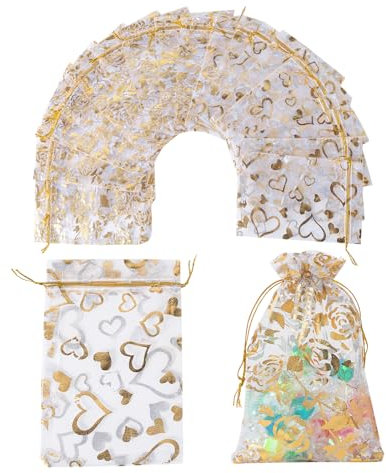 STARUBY Packung mit 100 Weiß Organzasäcken 10 x 15 cm 2 Arten von Druck Organzabeutel Geschenkbeutel Kordelzug Geschenkbeutel Mesh-Beutel für Hochzeit Party Hochzeit Schmuck Candy Bag