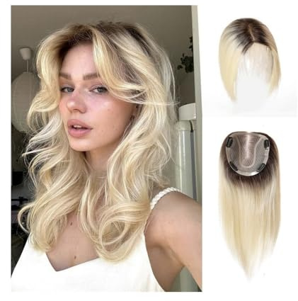 Haar-Topper Haarteile for Frauen, Echthaar-Toupets, Haarteile, 12 x 13 cm, handgeknüpft, Mono-Basis, dunkler Ansatz, Ombre-Blond, 14 Zoll, freier Scheitel, glatte Remy-Haarteile Haarteil
