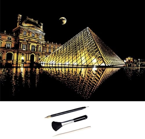 ShipeeKin Images à gratter 405 x 285mm A3 Landmark Mural Scratch Art Papier à gratter coloré pour Enfants avec Ensemble d’Outils (Louvre)