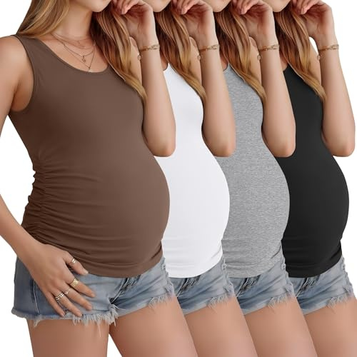 Ficerd Lot de 4 Débardeurs de Grossesse Femme sans Manches Fronces Côtés Col Rond Confort Été Casual Basiques