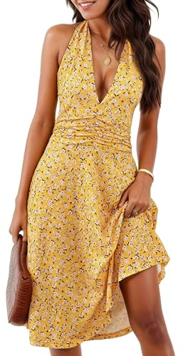 Timuspo sommarklänning dam knälång V-ringad halterneck klänning midi volanger blommig klänning ärmlös sommarklänningar festklänning bohoklänningar med 2 fickor, GUL, XL