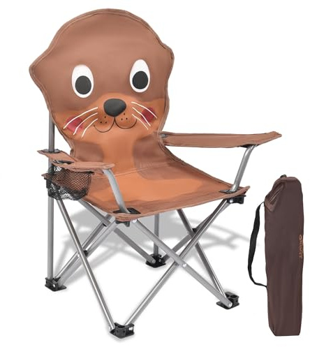 XMT Kids Folding Chair with Cup Holder - Portable Lightweight Outdoor & Indoor Chair for Children Ages 3-9, Anti-Slip Base, Sturdy Metal Frame, Compact Foldable Design with Carry Bag (Yellow/Brown)