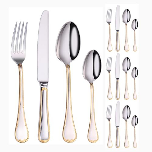 Poignée Dorée À Bord Doré Cuisine en Acier Inoxydable Argenterie Vaisselle Couverts Ensemble De Couteau Steak Fourchette Cuillère Café (16 pièces)