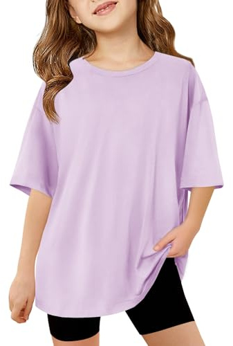 Haloumoning Maglietta da ragazza, con scollo rotondo, a maniche corte, in tinta unita, casual, per bambini, estivi, oversize, casual.