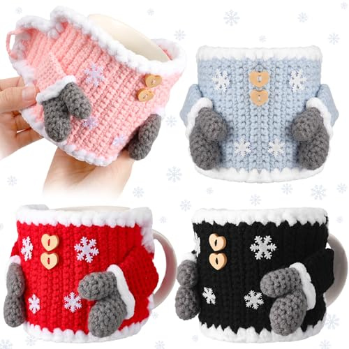 Perthlin 4 Stück Pullover Tasse Weihnachten Gemütliches Geschenk Winter Kaffeetasse Strickbecher Pullover Sleeve Cover Wiederverwendbar Häkeln Teewärmer Wrap mit Knöpfen Weihnachtsdekoration für