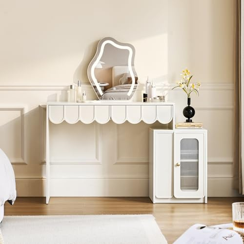 CLIPOP White Dressing Table with 2 Drawers, Unique Cloud Shaped Mirror Vanity Table with LED Lights, Modern Girls Makeup Vanity Table with Arched Front Storage Unit for Bedroom