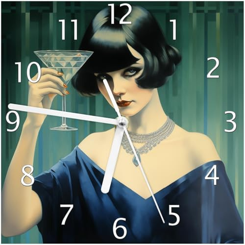 Wallario Design-Wanduhr Cocktailabend aus Glas, Motiv-Uhr Größe 20 x 20 cm, weiße Zeiger