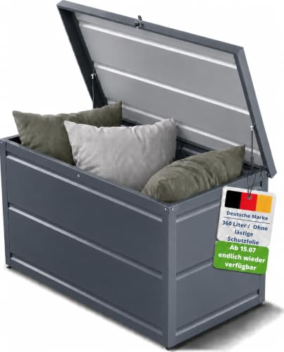 Gartenzeit® Auflagenbox 360 L (120×58×55 cm) – Gartenbox aus pulverbeschichtem Stahl RAL 7016, wetterfest, wasserdicht & abschließbar, als Sitzbank nutzbar, Outdoor Kissenbox für Polster