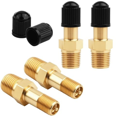 Ujjdwiurgh Juego de 4 Válvulas Schrader Doradas de 1/8, Válvula de Tanque Metálica de 1/8, Tubo de Latón con Tanque de Compresor de Aire y Tapas de Sellado.