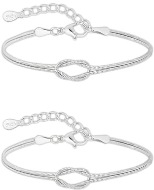 Glamifyr 2 Stück Armband Damen aus 925 Sterling Silber, Knoten Armband Silber, Verstellbare Partner - & Freundschaftsarmbänder, Mutter Tochter Armband Geschenk für Paare & Frauen (16+5cm Verlängerung)