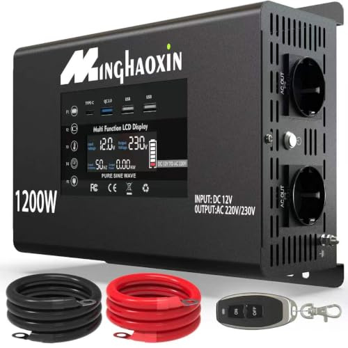 1200W Convertisseur Pur Sinus 12V 220V Onduleur Transformateur | LCD Télécommande, Pour RV Voiture de Camion, Camping, Caravane, Bateau