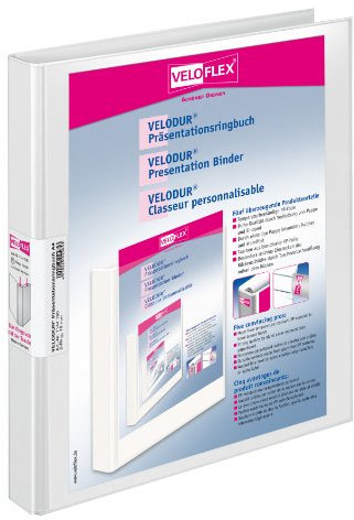 VELOFLEX 1144190 - Präsentations-Ringbuch Velodur, DIN A4, 257 x 315 x 20 mm, 2-Ring-Mechanik, mit Außentaschen, weiß, 1 Stück