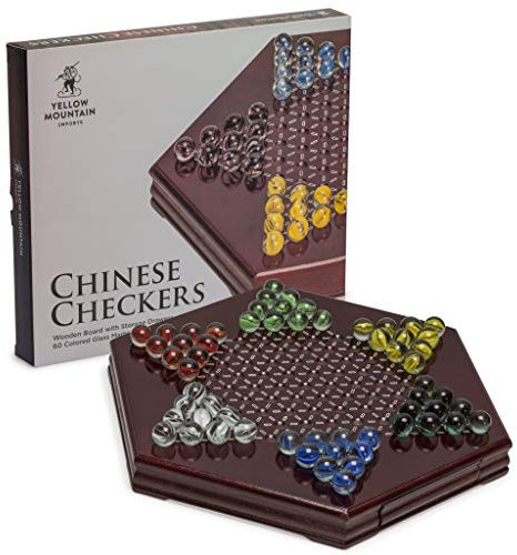 Yellow Mountain importiert Brettspielset aus Holz mit chinesischen Schachbrettmuster (30.5cm) mit Aufbewahrungsschublade und 60 farbigen Glasmurmeln (14 mm) - Klassisches Strategiespiel