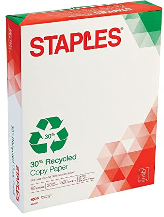 Staples 30% Recycled 8.5-Inch X 11-Inch Copy Paper 20 Lbs 92 Brightness 500/Ream, For Office, School & Home
