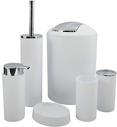 MSV Badezimmer Set Hannah, 6-teiliges Badzubehör Seifenspender, WC Bürste, Seifenschale, Kosmetikeimer und Zahnputzbecher Weiß