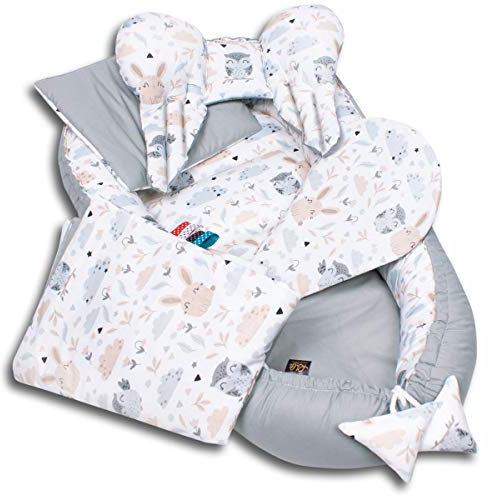 PaLulli Babynest 4-TLG Set 95x55 cm | Babyausstattung mit Matratze & Kuscheldecke | 100% Baumwolle, hypoallergen | Babybett Nestchen für Neugeborene 0-8 Monate (Animals Grau)