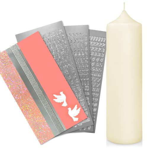 WIKAKERZEN Taufkerze selber Machen Set mit Kerzen-Rohling Buchstaben und Wachsplatten mit Wachsmotiven | Jetzt Größe und Farben Wählen (Kerze 25x7 cm | Creme, Rosa mit Taube)