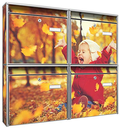 banjado Briefkastenanlage 4 Fach - Postkästen groß - verzinkter Stahl Silber DIN A4 Motiv Herbstfreude - Briefkasten Set 4 Briefkästen Namensschild, 2 Schlüssel, Montagematerial