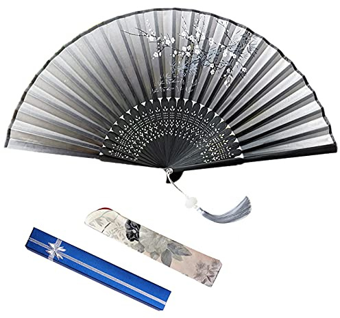 Folding Hand Fan with Lotus Pendant, Silk Fabric Handheld Fans Hand Fan Folding with Gift Box, Hollow Carved Bamboo Hand Fans for Birthday Gifts, Dancing, Performance, Wedding, Home Decoration (Grey)
