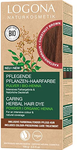 LOGONA Naturkosmetik Pflegende pflanzliche Haarfarbe, Veganes Haarfarbe-Pulver mit Bio-Henna für intensive Farbe und Glanz, Pflanzenhaarfarbe in Kastanienbraun (Braun), 1 x 100g