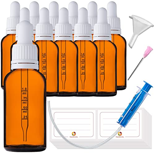 HandsUnity 30 ml - 12 kleine Glasflaschen – Apothekerflaschen aus bernsteinfarbenem Glas mit Pipettendeckel, weiß, inkl. 29 Zubehörteile aus braunem Glas