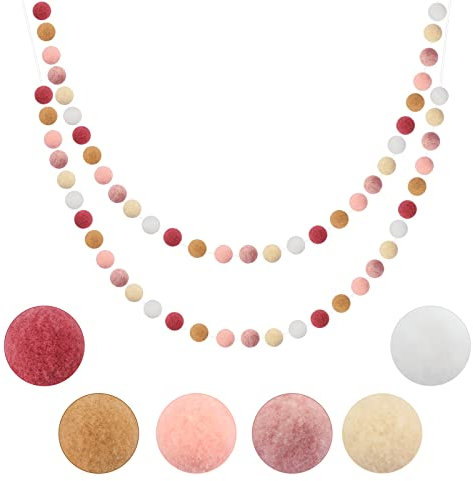 G2PLUS 2PCS Pre-strung Felt Ball Pom Pom Garland, 60 Balls, Pink and White Nursery Decor, Hanging Decoration for Christmas Party Nursery Room