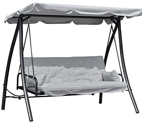 Outsunny Hollywoodschaukel Gartenschaukel Schaukel Schaukelbank mit Liege-Funktion, 3 Sitzer, Metall+Polyester, Grau, 209 x 114 x 170 cm