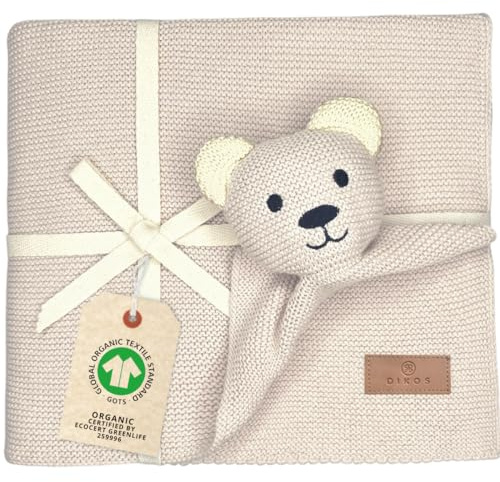 DIKOS® Coperta originale per neonati, in cotone biologico, 100% GOTS, coperta con peluche a maglia, coperta per neonati (beige naturale)