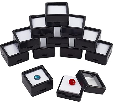 nbeads 12 Stück Edelstein Display Box, 3x3x1.65 cm Schwarz Quadratischer Acryl Schmuckschatulle Behälter Diamant Aufbewahrungsbox Mit Durchsichtigem Glasdeckel Und Schwamm Innen für Edelsteine Münzen