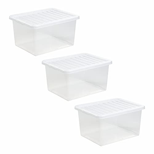 M1SS (Set of 3-37L Litre Clear Plastic Storage Box With Crystal Lids Home Office Stackable Nestable Container Made in U.K