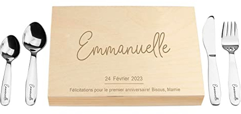 LAUBLUST Couverts pour Enfants gravés avec boîte - Cadeau personnalisée en Bois - Naturel - 4 pièces - Couverts de Table en Acier Inoxydable - Cadeau personnalisé (Sarre)