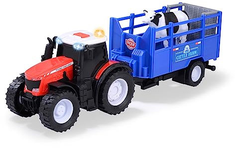 Dickie Toys - Massey Ferguson Spielzeug-Traktor mit Tieranhänger & Kuh - Spielzeugauto für den Bauernhof mit Licht & Sound (inkl. Batterien), für Kinder ab 3 Jahre, 26 cm