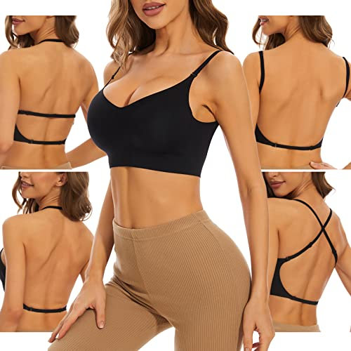 Shewant Low Back Bra for Women Wirefree Seamless Backless Multiway Straps Convertible Halter Bra with Padding Removeable Black