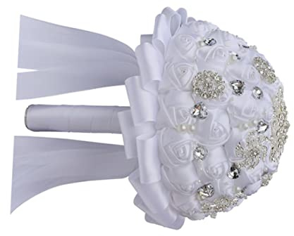 Homoyoyo Brautstrauß Hochzeit Mit Schleife Und Blumen Aus Kunstpflanzen Weiß Für Brautblumen Und Brautrosen Als Dekoration Für Wohnzimmer Schlafzimmer Und Hochzeit