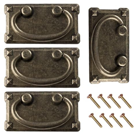 Hdtyyln 4Pcs Antique Drawer Handles, Square Cabinet Pull with Backplate, Vintage Drawer Ring Pulls, Vintage Knobs, Furniture Hardware for Cabinet Dresser Wardrobe Door Decor, Antique Bronze