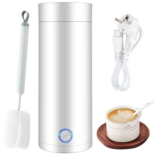 Hervidor Agua Térmica Electrico Viaje Portátil Pequeño 400ml Acero Inoxidable con Cepillo Limpieza, 3 en 1 Mini Taza Calentamiento Rápido Eléctrica Apagado Automático Blanco, Termo para Leche Café Té