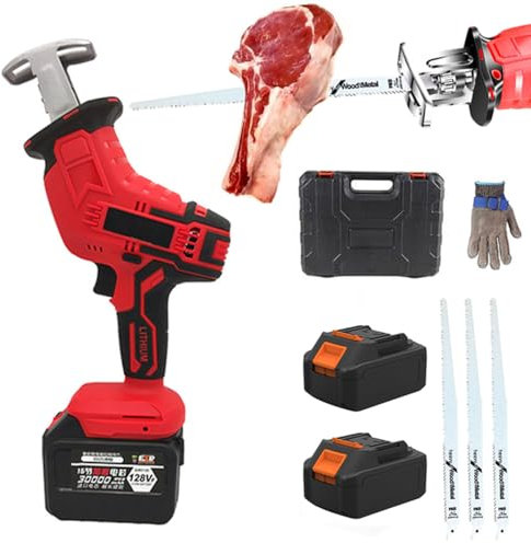 Sega elettrica da macellaio per carne e ossa - Sega alternativa in acciaio inossidabile per uso domestico 2 batterie 48 V 3000 mAh + 3 lame per sega, per bistecche, cosce di pollo, braciole di maiale