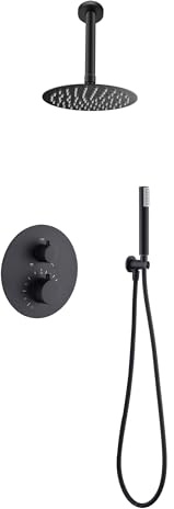 Ensemble de robinet thermostatique encastré plafond 2 voies et douchette à main (noir mat)