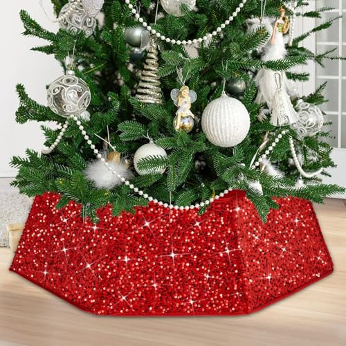 Weihnachtsbaum Kragen Rot Pailletten Weihnachtsbaum Rock Ø65 cm Zusammenklappbar Weihnachtsbaumständer Abdeckung für Christbaumständer Korb