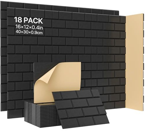 Acoustic Wall Panels Self Adhesive, 18 Pack Peel & Stick Sound Absorbing Panel for Walls, Ceilings, Doors, 16x12x0.4, Brick Pattern Black Decorative Art Tiles for Studio, Home Office, Gaming Room