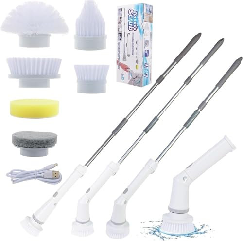 Spazzola elettrica per pulizia, ricaricabile spazzola rotante pulizia con 6 testine sostituibili, spazzola elettrica lavaggio auto con Manico Allungabile Regolabile, per cucina, pavimenti, doccia