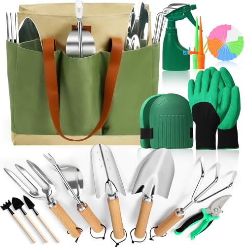 Gartenwerkzeug Set, 12 Stück Garten Hand Werkzeuge, 8 in 1 Gartenarbeit Set mit dauerhafter Aufbewahrungstasche, Gartenschaufel mit Holzgriff, ideale Gartengeschenke für Frauen und Männer