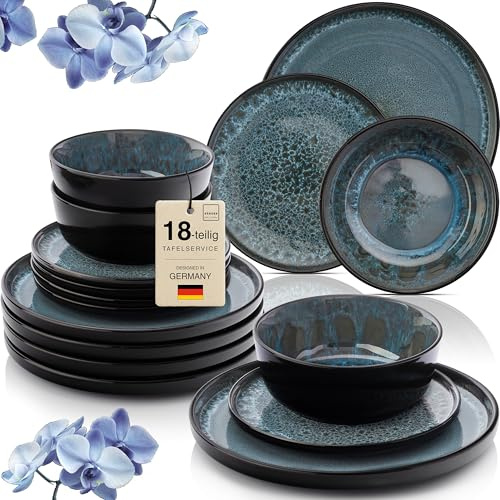 SÄNGER Manila Steingut Geschirr Set 18 tlg, Teller Set 6 Personen | 6x Speiseteller 6x Müslischalen 6x Dessertteller, Tafelservice blau mit schwarzem Rand kratzfest