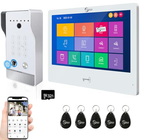 ANJIELO SMART Interphone vidéo 1080p avec écran tactile filaire de 25,4 cm, déverrouillage WiFi Tuya sans fil 5 en 1 (1 sonnette + 1 moniteur)