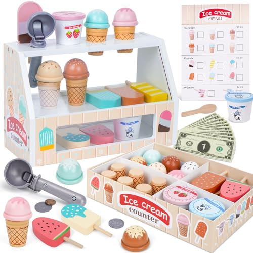 Melofaver Wooden Ice Cream Play Set, Ice Cream Toys Gifts for Kids Ages 3-5 | Wooden Ice Cream Counter Play Set with Menu, Fake Money, Scoop, Pretend Play Kitchen Toy for 3 4 5 Year Old Girls Boys Gifts