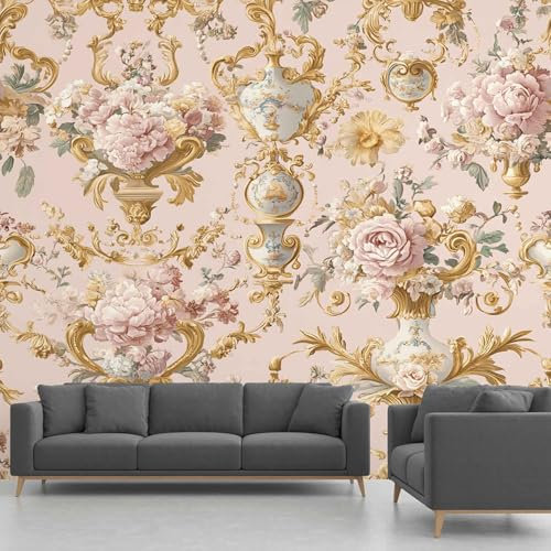 Papier Peint Pivoine Rose, Papier Peint Autocollant Baroque Doré, Papier Peint Panoramique Adhésif Intissé pour Salon Chambre Bureau 200x140cm