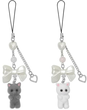 Nalefow Niedlicher Handy-Charm, flauschige Katze, ästhetischer Y2K-Handyanhänger für Tasche, Kamera, Dekoration, Grau und Weiß
