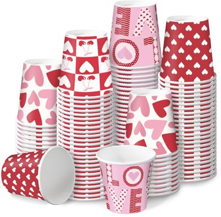 RUSPEPA Valentine's Day 3oz Paper Cups, 100 Pack Small Disposable Cups with Red Pink Heart and Cherry Design, Mini Mouthwash Rinse Cups for Home, Bathroom, Dessert, Picnic, Wedding, Love Party