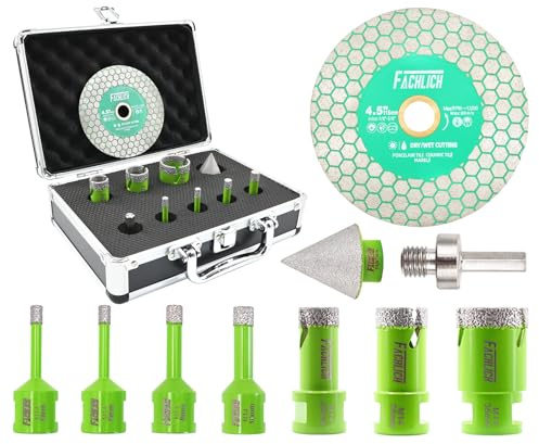 FACHLICH Tile Hole Cutter Set-(6/6/8/10/20/25/35mm+35mm Chamfer Bit+HEX Adapter+115mm Saw Blade) Diamond Hole Saw Kit for Porcelain Tile Ceramic Marble Brick Granite M14 Thread