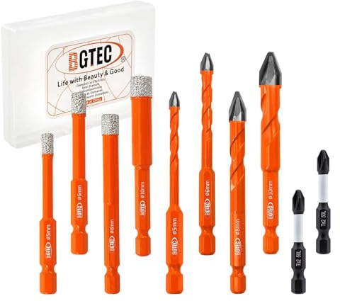 BGTEC Forets Diamant 10 Pièces- Trépans Diamantés 5/6/8/10MM + Foret Dentelé 5/6/8/10MM en Carbure pour Carrelage, Porcelaine, Grès, Céramique, Marbre, Granit, Bois & Plastique - Embout PH2 Inclus